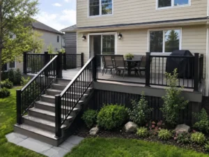 Elevated dark brown deck with gray stairs, black railings, and outdoor seating