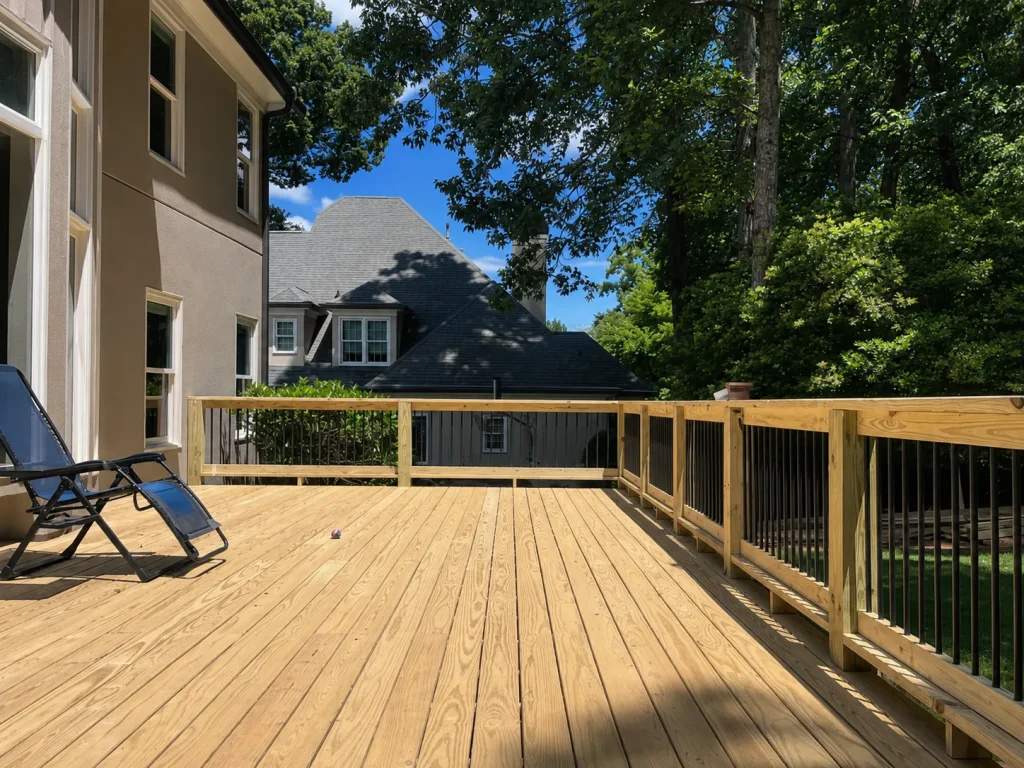 Large natural wood backyard deck with wood railings and black metal balusters